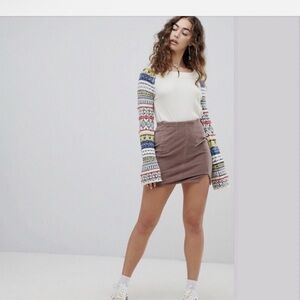 Free People Beige Fairground Embroidered Sleeves Thermal Top Size Medium